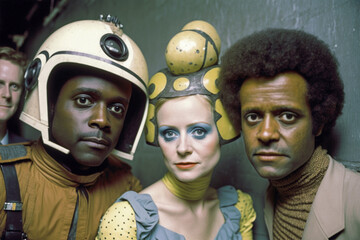 Actors wearing cheesy sci fi costumes from outer space for a retro science fiction television show or movie. Big makeup, helmet, space suit. generative AI