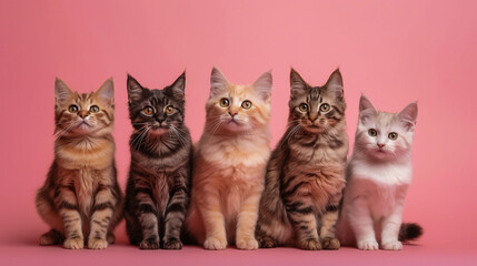 Fototapeta na wymiar Group of cats lined up in front of a pink background. generative AI