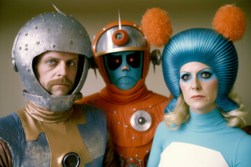 Science fiction movie or television actors in costume on set. generative AI sci fi