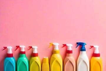 Flat lay of multicolored detergent bottles on pastel spring background with copy space