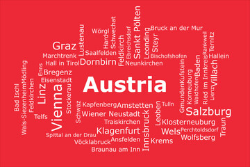 Tagcloud of the most populous cities in Austria. The background is in the national Austrian colors which includes red, and white. There are cities like Vienna, Graz, and Linz.