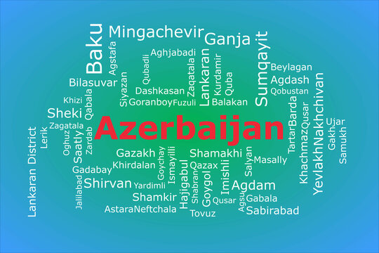 Tagcloud of the most populous cities in Azerbaijan. The background is in the national Azerbaijanian colors which includes red, green, and blue. There are cities like Baku, Ganja, and Mingachevir.
