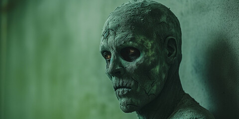 scary green petrified zombie face, created with generative ai