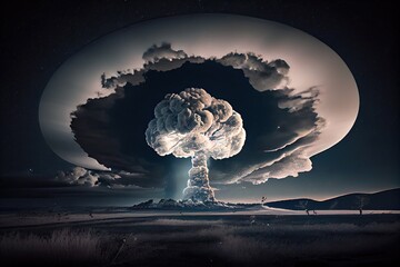 Obraz na płótnie Canvas nuclear mushroom cloud against night sky, created with generative ai