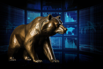 golden brass statues of a bear over blurred stock exchange charts and map displayed on a screen as a symbol for downs in global markets and falling stock quotes, generative AI