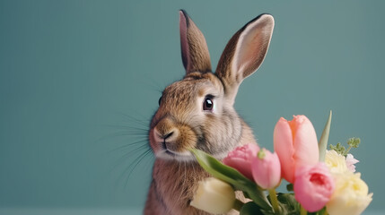 Cute Hare Holding a Bouquet of Flowers, Copy Space for Text, Mother's Day, Other Holidays - Generative AI