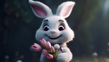 A cute cartoon rabbit is holding a bouquet of pink flowers - Generative AI