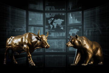 golden brass statues of bull and bear over blurred stock exchange charts and map displayed on a screen as a symbol for global markets and stock quotes, generative AI