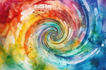 Rainbow swirl spiral watercolor painting, abstract vortex colorful background. Generative AI.
