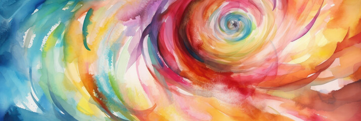 Rainbow spiral watercolor, abstract colorful background. Wallpaper background, widescreen banner. Generative AI.