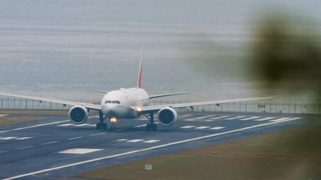 Airliner take off at Phuket airport. Widebody aircraft departure, middle shot. Tourism and travel concept Generative AI