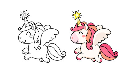Cute Baby Unicorn with wings vector coloring page. Coloring Cartoon Unicorn with pink hair and star on the horn. Funny Baby Pony for kids print design on tee shirt or pajamas and coloring book