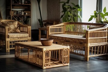 Fototapeta na wymiar Eco-friendly home decor, bamboo furniture (Ai generated)