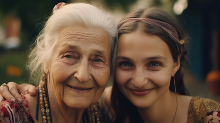 Naklejka premium Sunshiny mature daughter and her elderly mom grinning broadly into the camera while embracing and enjoying a happy family moment spent together - Generative AI