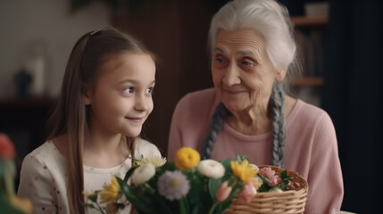 Obraz na płótnie Canvas Happy International Women's Day. Smiling granddaughter giving flowers and gifts to grandmother celebrate spring holiday Mother's Day at home - Generative AI