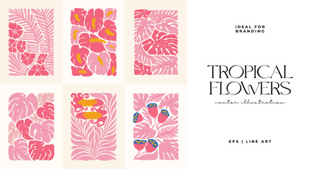 Floral abstract elements. Tropical Botanical composition. Modern trendy Matisse minimal style. Floral poster, invite. Vector arrangements for greeting card or invitation design