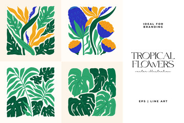 Fototapeta na wymiar Floral abstract elements. Tropical Botanical composition. Modern trendy Matisse minimal style. Floral poster, invite. Vector arrangements for greeting card or invitation design