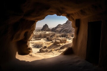 Cave in the desert, abandoned town. Generative AI.