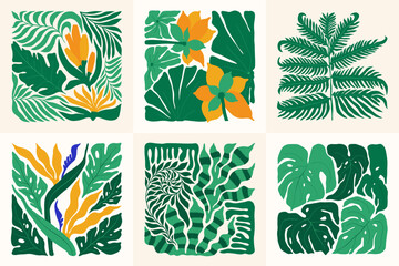 Floral abstract elements. Tropical Botanical composition. Modern trendy Matisse minimal style. Floral poster, invite. Vector arrangements for greeting card or invitation design