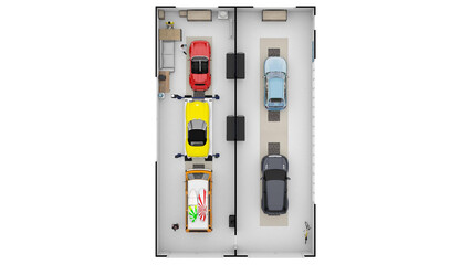 Floorplan car service 3d illustration of floor plan of car service Floor plan of car service. Working place with tools in garage