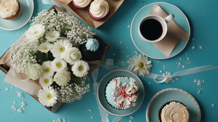 Mother's Day. Top view flat lay of cupcakes, gifts, postcard, coffee, and gypsophila flowers on a pastel blue background - Generative AI