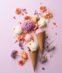 Obraz na płótnie Canvas Ice-cream cones with flowers. AI generated image.