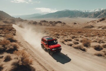 Obraz na płótnie Canvas Truck driving on a scenic desert road, road trip, off road vehicle in desert. Generative AI.