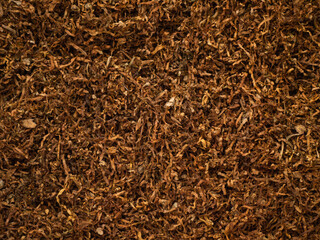 Background texture of tobacco finely chopped cooked processed product. Close-up of tobacco for...