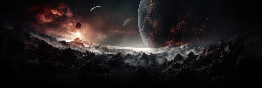 Alien galaxy in space. Wallpaper background, widescreen banner. Generative AI.