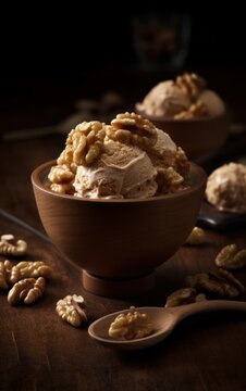 Maple Walnut Ice Cream with Walnuts and Maple Syrup. Generative AI.