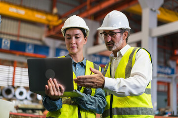 The project manager and engineers are inspecting workpieces and checking standards and safety for products and safety in the factory. Technician and Female Worker Talking on a Meeting in a Factory.