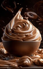 Coffee Ice Cream with Caramel Swirls and Whipped Cream. Generative AI.
