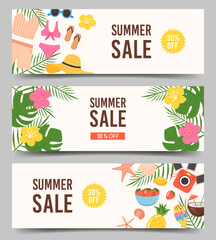 Fototapeta na wymiar Set of horizontal banners templates for Summer Sale promotion. Advertisement decorated with tropical leaves, flowers, vacation and beach items. Flat colorful vector illustration. 