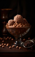 Chocolate Malt Ice Cream with Malt Balls and Chocolate Sauce. Generative AI.