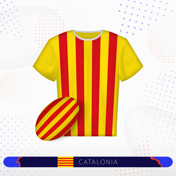 Catalonia rugby jersey with rugby ball of Catalonia on abstract sport background.