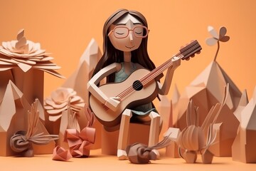 Girl play ukulele in summer vacation paper sculpture (Ai generated)