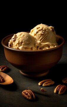 Butter Pecan Ice Cream with Pecan Pieces and Caramel Swirl. Generative AI.