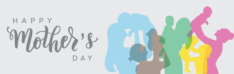 Happy Mother's Day banner design. I features colorful silhouette of mothers holding and carrying their child. Vector illustration