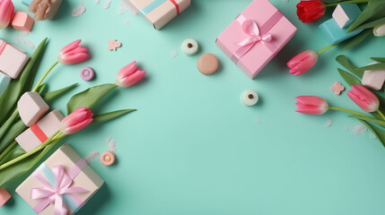 Mother's Day celebration idea. Flat lay composition of gift boxes with postcards and pink tulips flowers on isolated pastel blue background with blank Copy space - Generative AI
