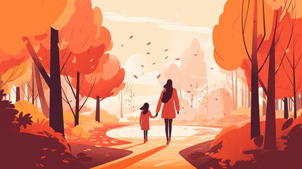 Mother's Day flat illustration with a young mother walking hand in hand with her child in the park - Generative AI