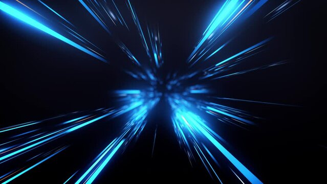 Blue glow light rays with time warp on zoom in effect background. Perspective view of blue laser light burst motion. Long exposure time warp speed Lights lines blue background zoom in. 4K