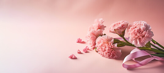 Pink carnations with ribbon on pink background in the style of letterboxing, cherry blossoms, photographic montage, nature, bright backgrounds, minimalist backgrounds with copy space - Generative AI