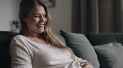 A pregnant woman smiles and happiness sits on the couch freely and strokes her belly feeling kicks with the baby - Generative AI