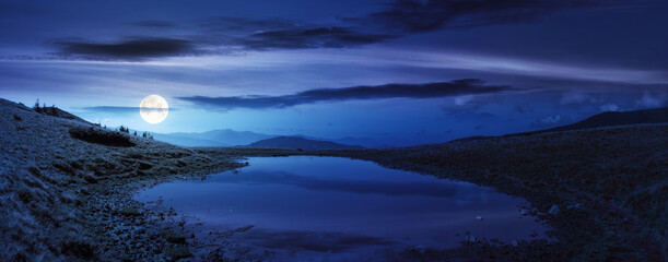 pond on a high altitude meadow at night. distant mountain ridge in full moon light