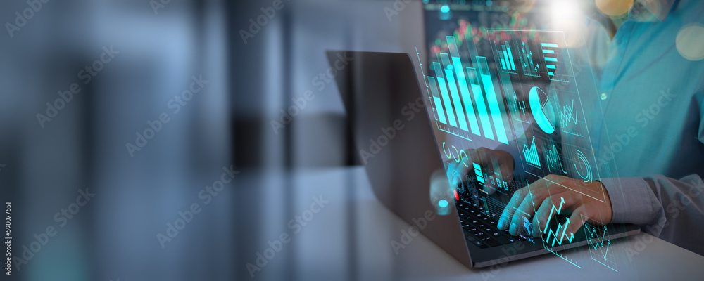 Poster businessman with statistic graph of stock market financial indices analysis on laptop screen, financ