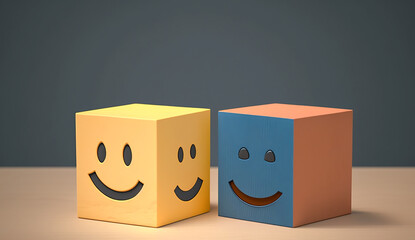 Obraz premium Mental health and emotional state, Smile face in bright side and sad face in dark side on wooden block cube for positive mindset selection, expression, mask, bipolar, generate by AI