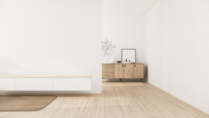 Living room, cabinet Tv minimalist design muji style.3D rendering