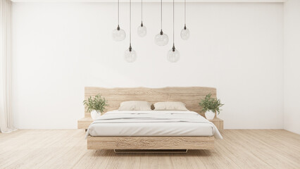 Bedroom japanese minimal style.,Modern white wall and wooden floor, room minimalist. 3D rendering