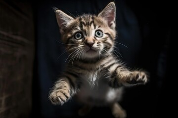 Fototapeta na wymiar Kitten jumping over floating in the air (Ai generated)