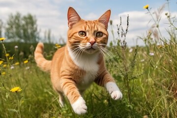 Naklejka na ściany i meble Ginger cat jumping, play in park (Ai generated)